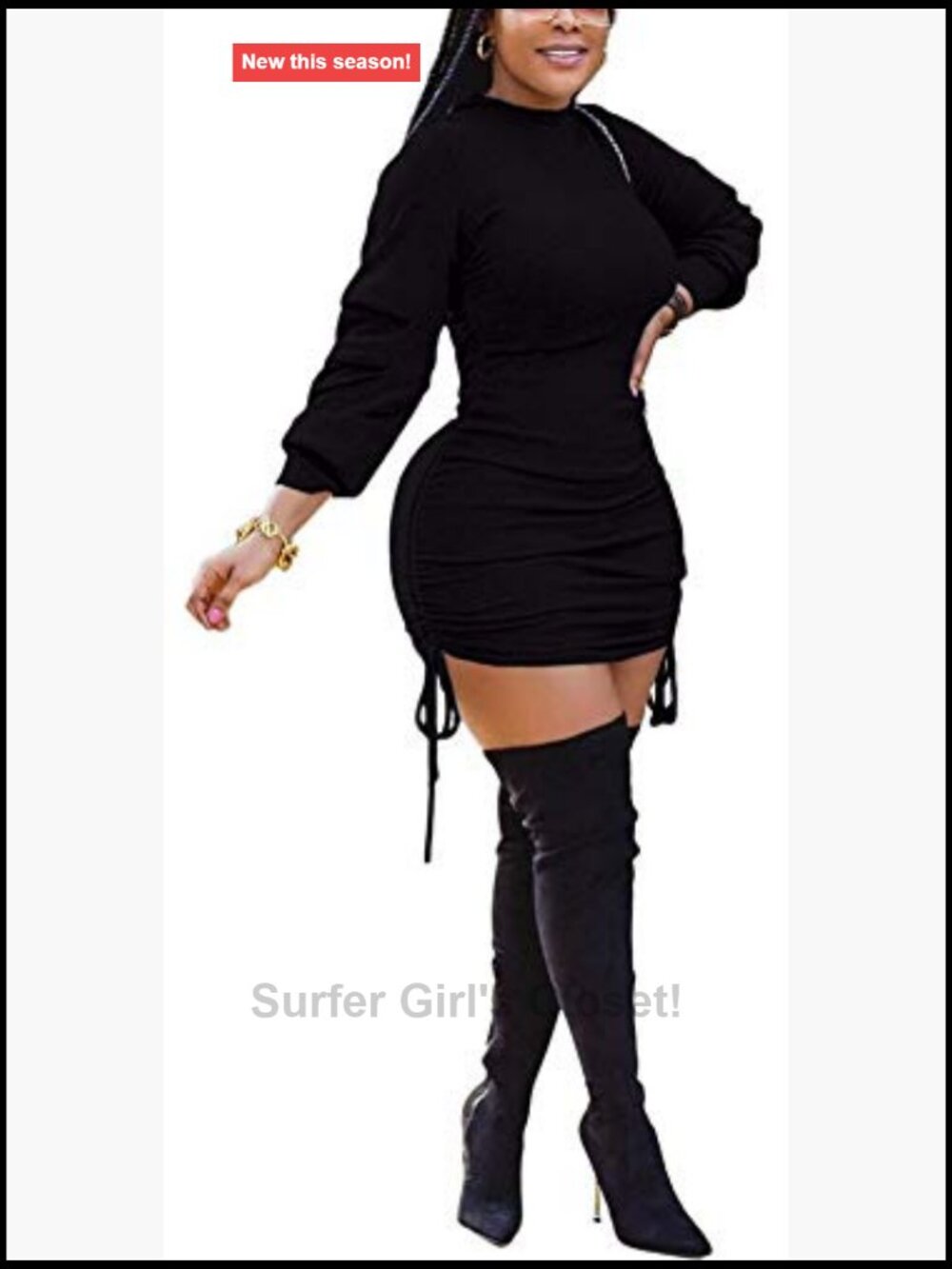 Women Sexy Winter Club Ruched Long Sleeve Drawstring Mini Bodycon Dress - Picture 3 of 4